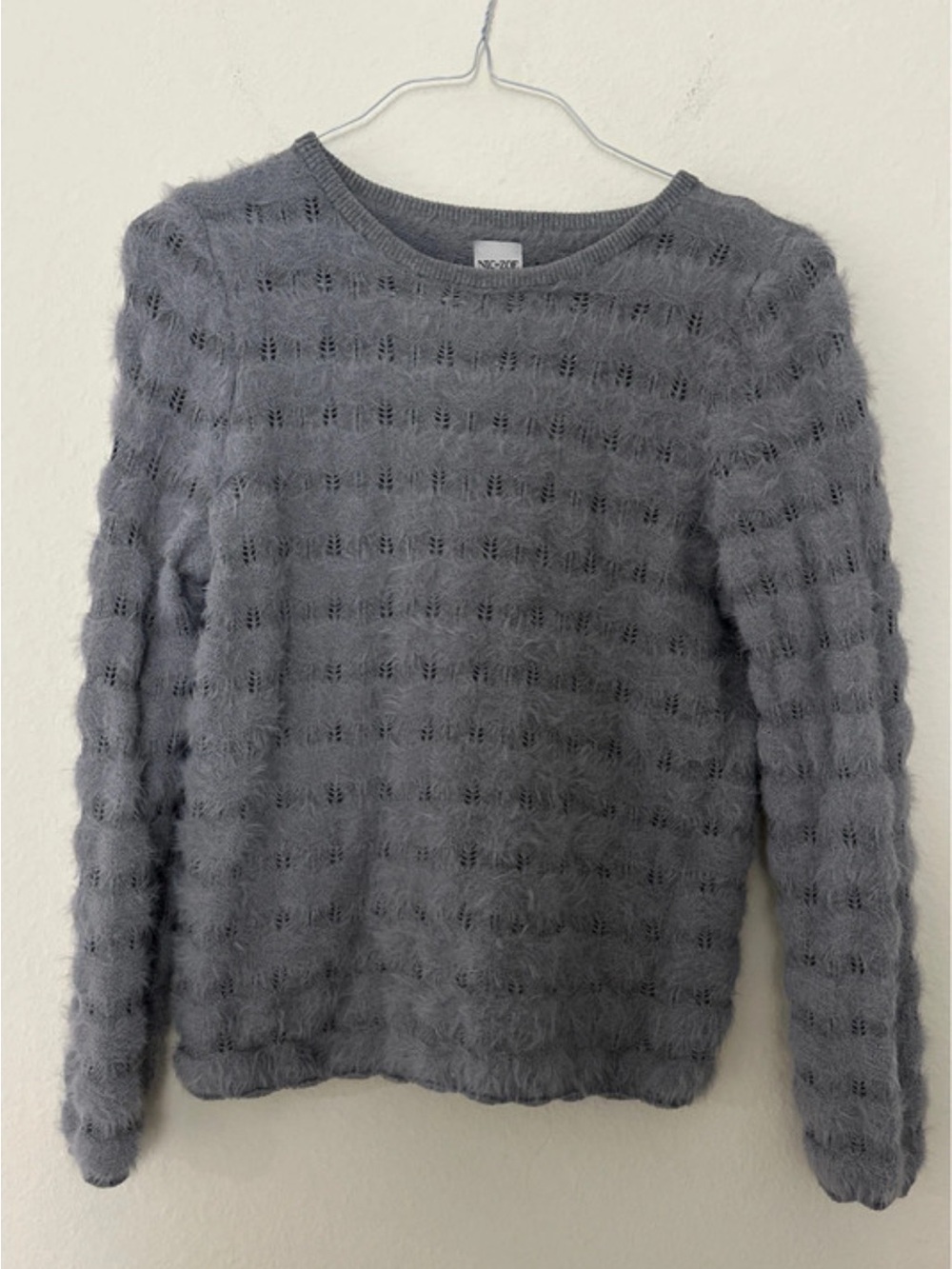 NIC+ZOE Fuzzy Open-Knit Crewneck Sweater - Gray
